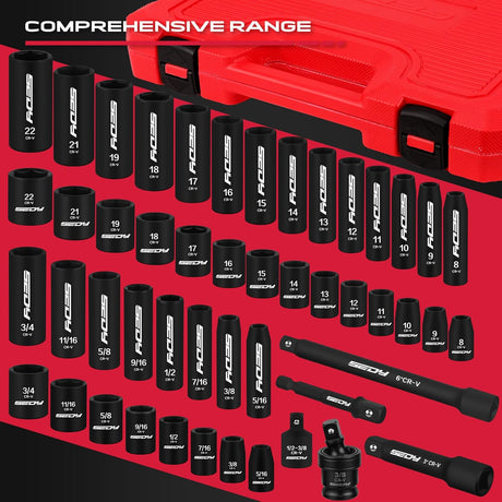 SEDY 49-piece 3/8 inch drive impact socket set with SAE metric standard deep sockets, extension bars, adapter and storage case