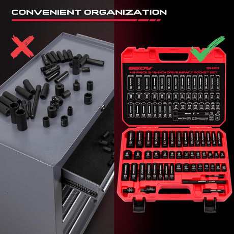 SEDY 49-piece 3/8 inch drive impact socket set with SAE metric standard deep sockets, extension bars, adapter and storage case