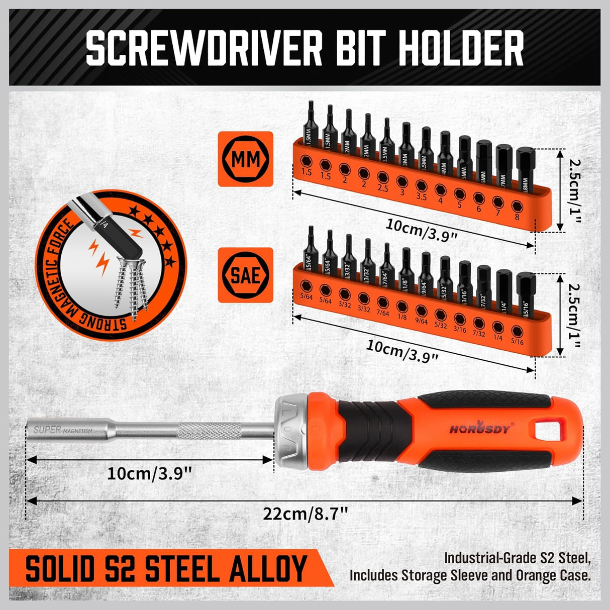 HORUSDY 25-piece ratchet screwdriver set with magnetic bit holder, ergonomic handle, and S2 steel SAE/metric hex bits for efficient fastening tasks.