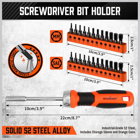 HORUSDY 25-piece ratchet screwdriver set with magnetic bit holder, ergonomic handle, and S2 steel SAE/metric hex bits for efficient fastening tasks.