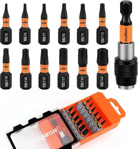 13-piece HORUSDY impact Torx bit set with magnetic S2 steel bits and storage case