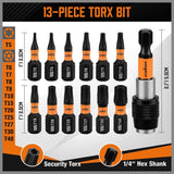 13-piece HORUSDY impact Torx bit set with magnetic S2 steel bits and storage case