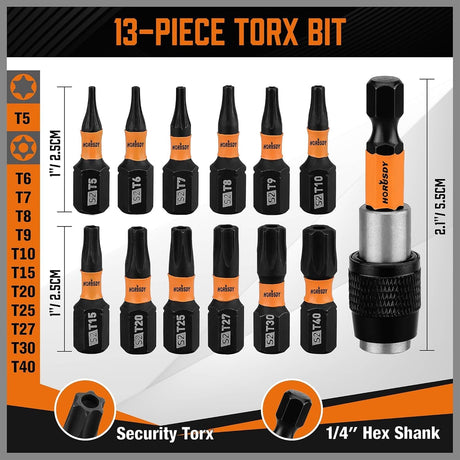 13-piece HORUSDY impact Torx bit set with magnetic S2 steel bits and storage case