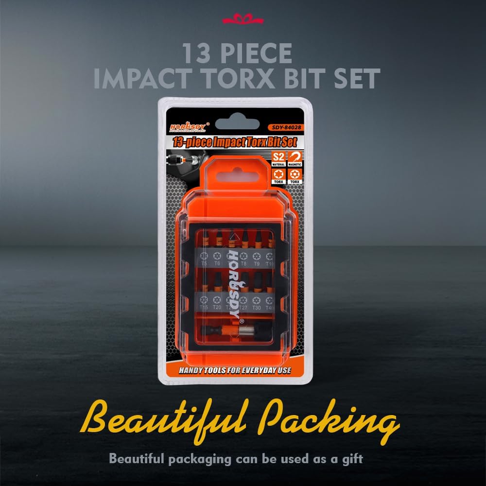 13-piece HORUSDY impact Torx bit set with magnetic S2 steel bits and storage case
