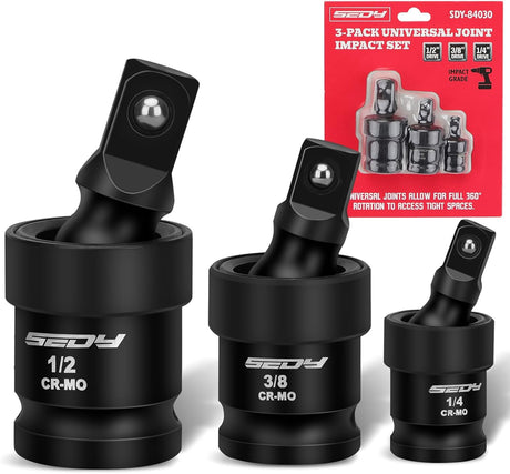 Flexible impact universal joint socket swivel adapters in 1/2-inch, 3/8-inch, and 1/4-inch sizes, crafted from premium CR-MO steel.