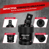 Flexible impact universal joint socket swivel adapters in 1/2-inch, 3/8-inch, and 1/4-inch sizes, crafted from premium CR-MO steel.