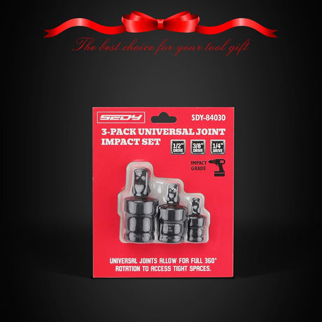 Flexible impact universal joint socket swivel adapters in 1/2-inch, 3/8-inch, and 1/4-inch sizes, crafted from premium CR-MO steel.