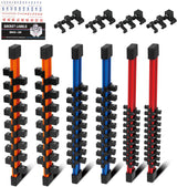 HORUSDY 6-piece socket storage rail set with color-coded aluminum tracks and removable clips for organizing 1/4", 3/8", and 1/2" drive sockets.