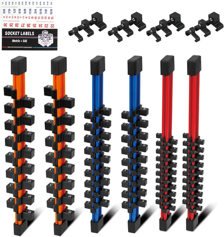 HORUSDY 6-piece socket storage rail set with color-coded aluminum tracks and removable clips for organizing 1/4", 3/8", and 1/2" drive sockets.