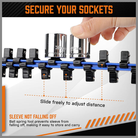 HORUSDY 6-piece socket storage rail set with color-coded aluminum tracks and removable clips for organizing 1/4", 3/8", and 1/2" drive sockets