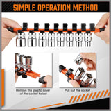 HORUSDY 6-piece socket storage rail set with color-coded aluminum tracks and removable clips for organizing 1/4", 3/8", and 1/2" drive sockets