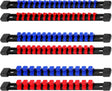 6-Piece Socket Organizer Holder Set with Adjustable Clips, Blue & Red, Compatible with 1/4", 3/8", and 1/2" Drive Sockets, Includes Socket Labels for Easy Organization