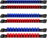 6-Piece Socket Organizer Holder Set with Adjustable Clips, Blue & Red, Compatible with 1/4", 3/8", and 1/2" Drive Sockets, Includes Socket Labels for Easy Organization
