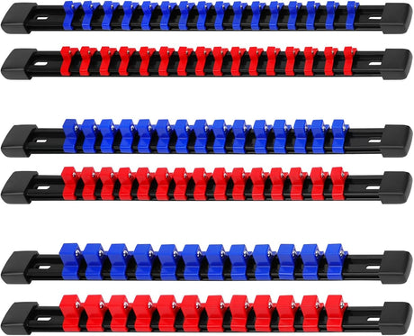 6-Piece Socket Organizer Holder Set with Adjustable Clips, Blue & Red, Compatible with 1/4", 3/8", and 1/2" Drive Sockets, Includes Socket Labels for Easy Organization