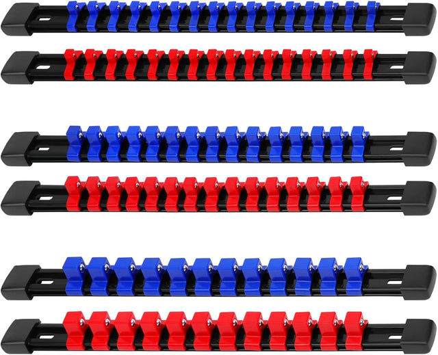 6-Piece Socket Organizer Holder Set with Adjustable Clips, Blue & Red, Compatible with 1/4", 3/8", and 1/2" Drive Sockets, Includes Socket Labels for Easy Organization
