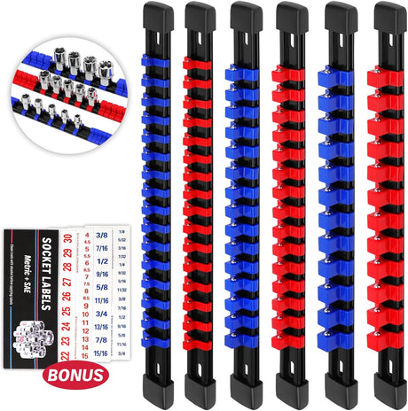 6-Piece Socket Organizer Holder Set with Adjustable Clips, Blue & Red, Compatible with 1/4", 3/8", and 1/2" Drive Sockets, Includes Socket Labels for Easy Organization