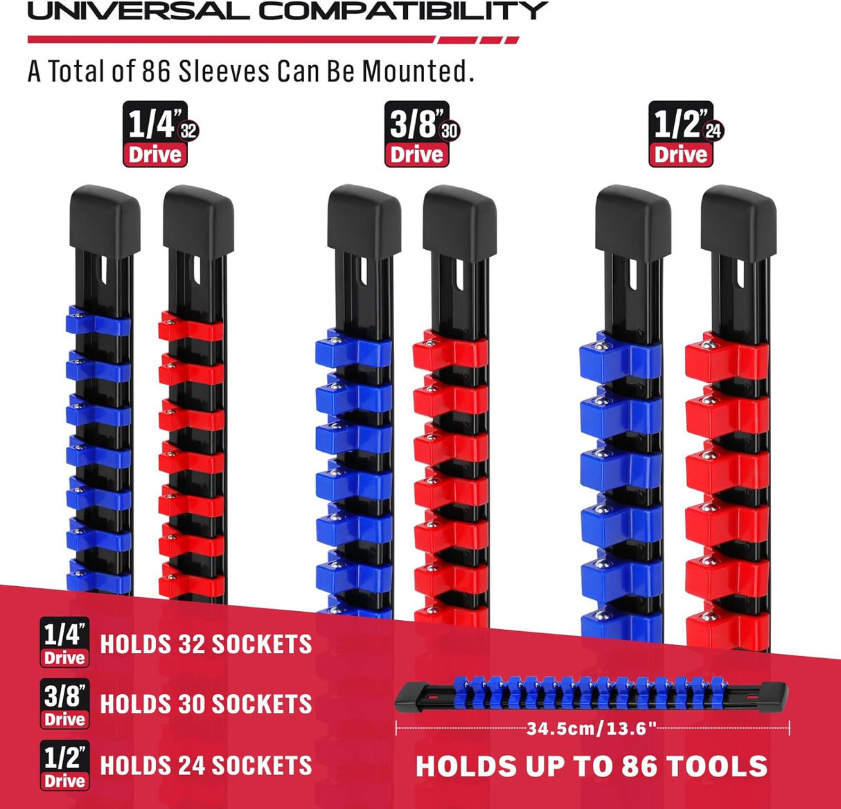 6-Piece Socket Organizer Holder Set with Adjustable Clips, Blue & Red, Compatible with 1/4", 3/8", and 1/2" Drive Sockets, Includes Socket Labels for Easy Organization