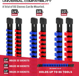 6-Piece Socket Organizer Holder Set with Adjustable Clips, Blue & Red, Compatible with 1/4", 3/8", and 1/2" Drive Sockets, Includes Socket Labels for Easy Organization