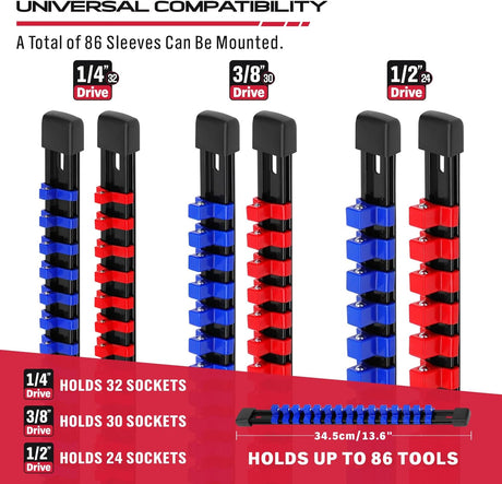 6-Piece Socket Organizer Holder Set with Adjustable Clips, Blue & Red, Compatible with 1/4", 3/8", and 1/2" Drive Sockets, Includes Socket Labels for Easy Organization