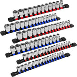 6-Piece Socket Organizer Holder Set with Adjustable Clips, Blue & Red, Compatible with 1/4", 3/8", and 1/2" Drive Sockets, Includes Socket Labels for Easy Organization