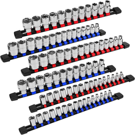 6-Piece Socket Organizer Holder Set with Adjustable Clips, Blue & Red, Compatible with 1/4", 3/8", and 1/2" Drive Sockets, Includes Socket Labels for Easy Organization