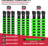 socket organizer rail set with green clips for 1/4, 3/8, 1/2 inch sockets, garage tool storage solution