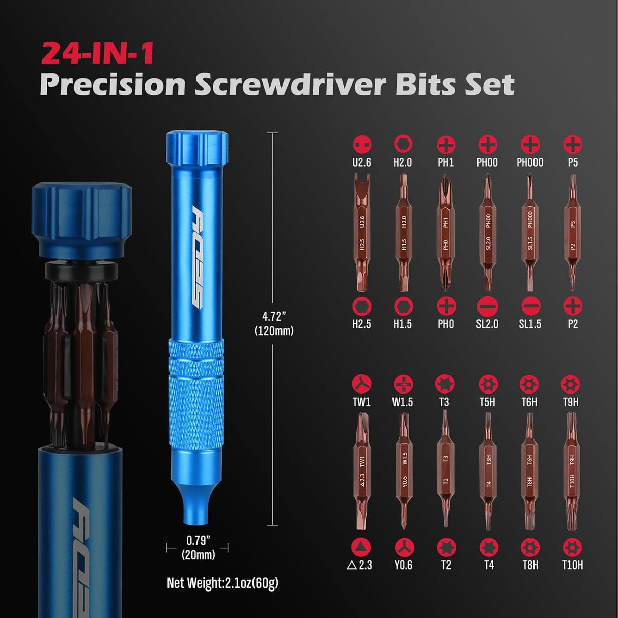 SEDY blue 24-in-1 pocket screwdriver kit with magnetic precision bits, blue aluminum handle, and internal bit storage