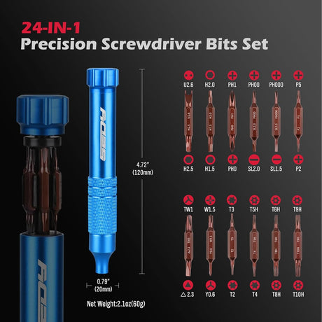 SEDY blue 24-in-1 pocket screwdriver kit with magnetic precision bits, blue aluminum handle, and internal bit storage