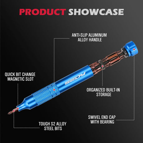 SEDY blue 24-in-1 pocket screwdriver kit with magnetic precision bits, blue aluminum handle, and internal bit storage