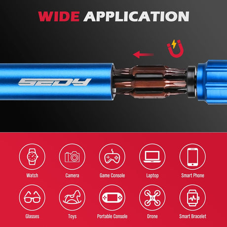 SEDY blue 24-in-1 pocket screwdriver kit with magnetic precision bits, blue aluminum handle, and internal bit storage