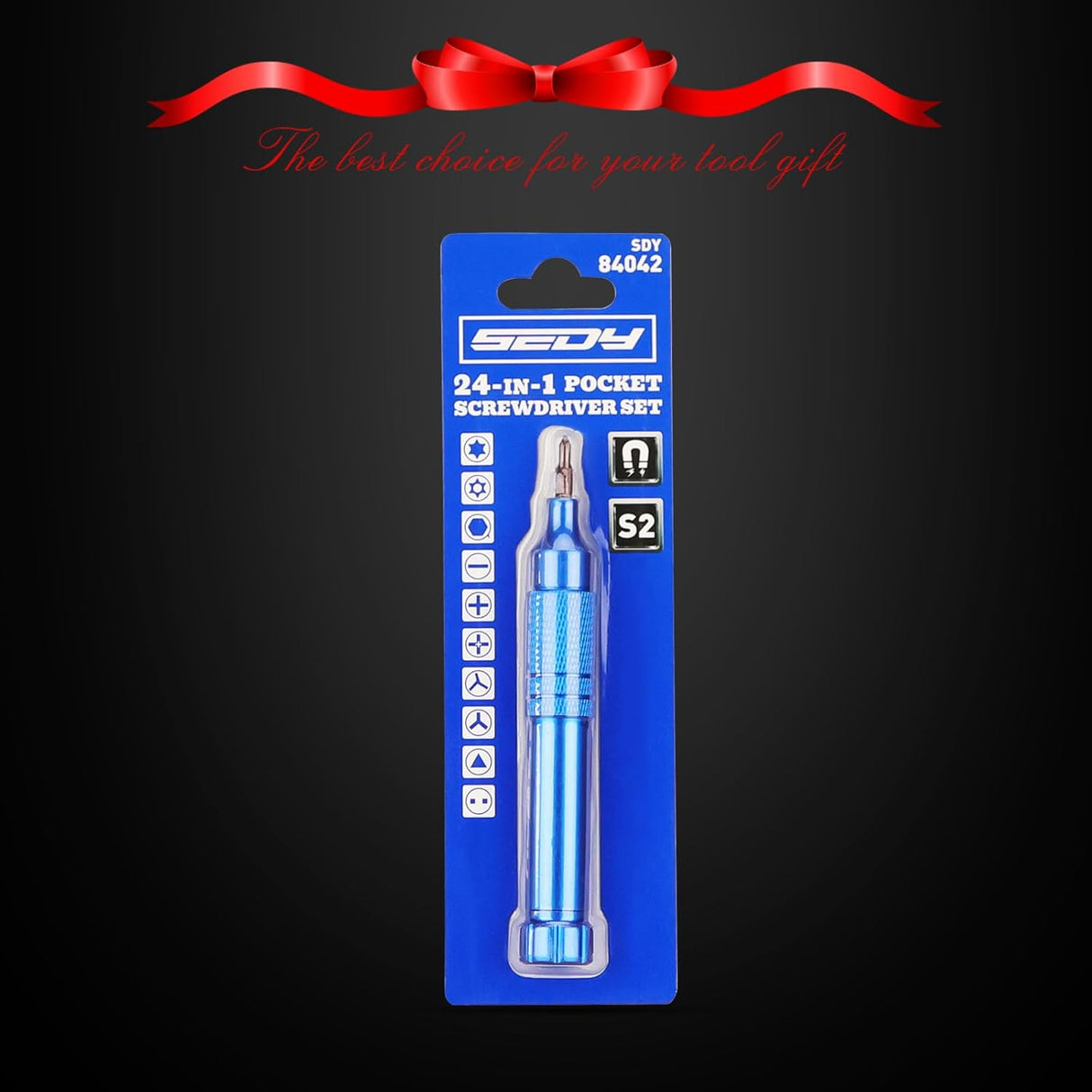 SEDY blue 24-in-1 pocket screwdriver kit with magnetic precision bits, blue aluminum handle, and internal bit storage