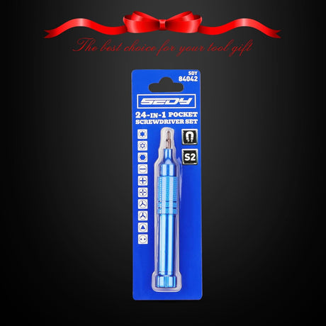 SEDY blue 24-in-1 pocket screwdriver kit with magnetic precision bits, blue aluminum handle, and internal bit storage