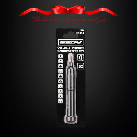 SEDY black 24-in-1 magnetic pocket screwdriver set with precision S2 bits, black handle, and hidden internal storage