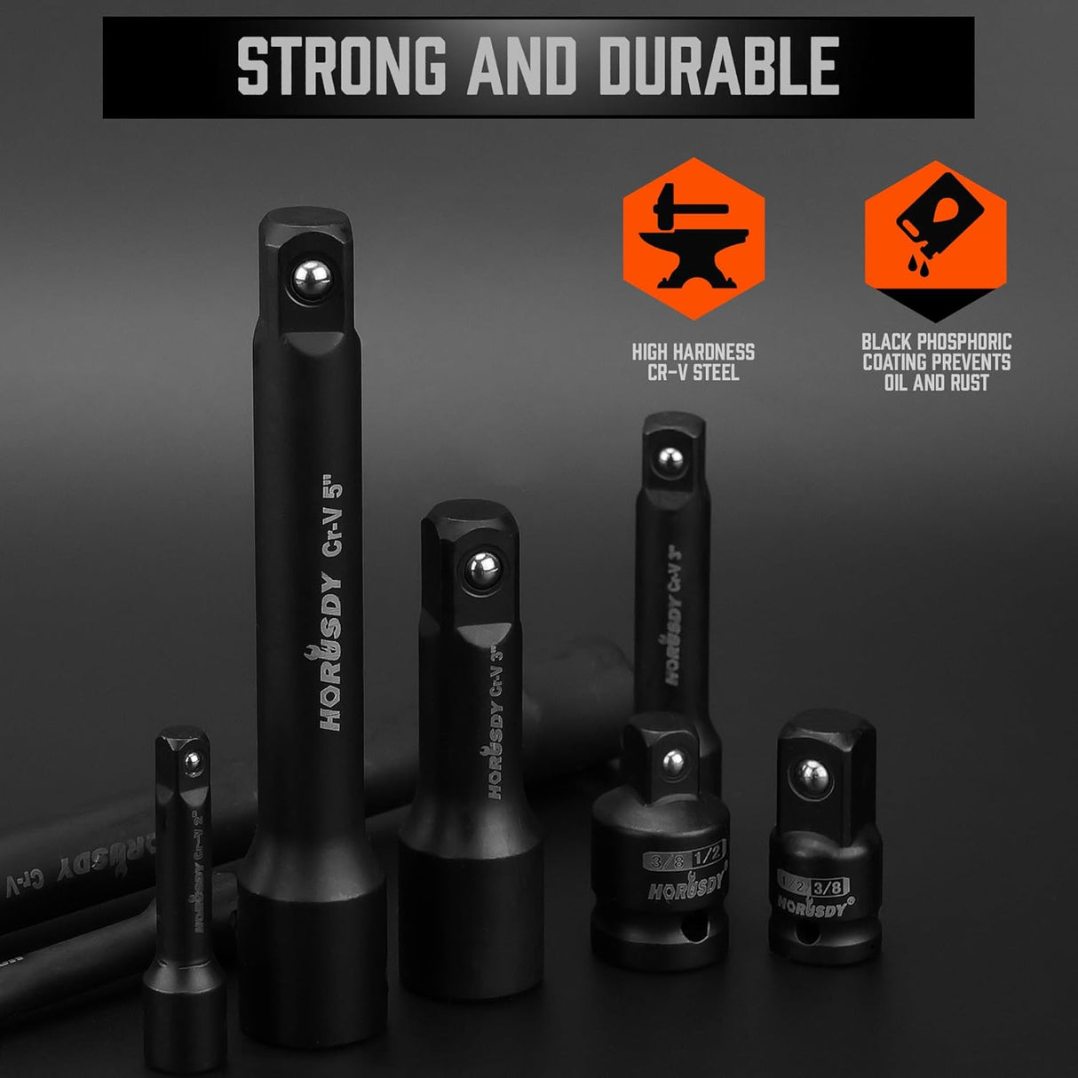 HORUSDY 12-piece black impact extension bar and socket adapter set with Cr-V steel and phosphate coating for ratchets and power tools