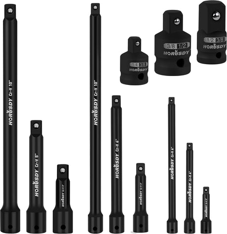 HORUSDY 12-piece black impact extension bar and socket adapter set with Cr-V steel and phosphate coating for ratchets and power tools