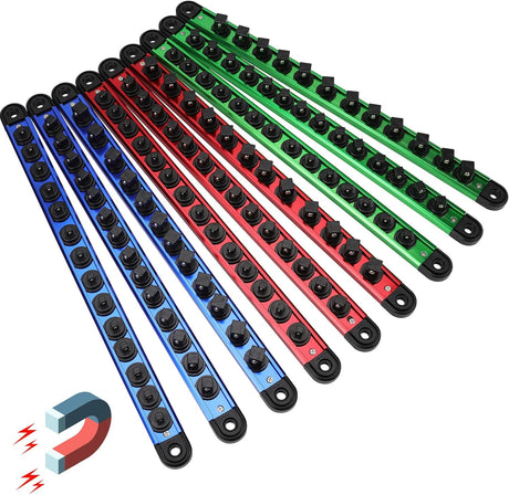 9-Piece Magnetic Socket Organizer Rail Set with Adjustable Clips, Ball Bearings, and Heavy Duty Aluminum Construction for 1/4", 3/8", and 1/2" Drive