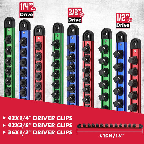 9-Piece Magnetic Socket Organizer Rail Set with Adjustable Clips, Ball Bearings, and Heavy Duty Aluminum Construction for 1/4", 3/8", and 1/2" Drive