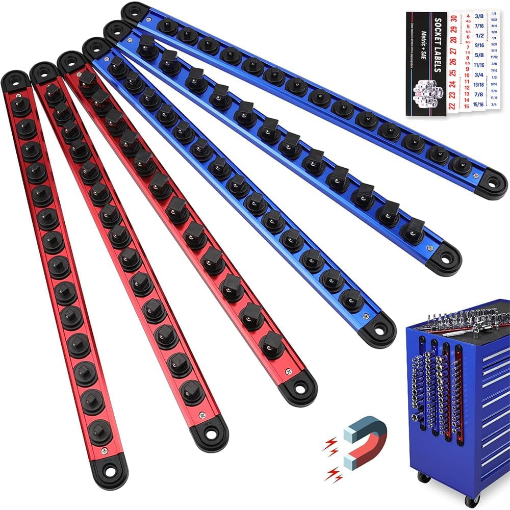 6-Piece Magnetic Socket Organizer Rail Set with Spring-Loaded Ball Bearings and Heavy Duty Aluminum Construction for 1/4", 3/8", and 1/2" Drive