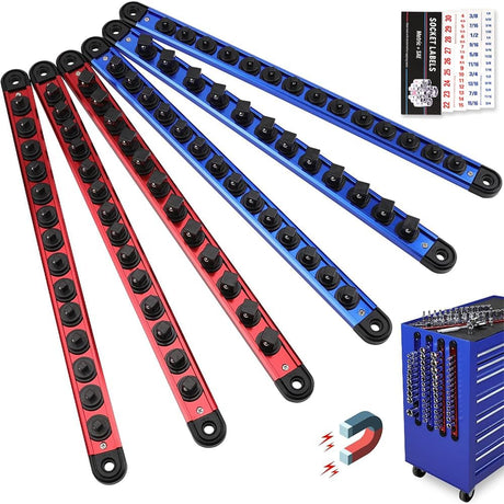 6-Piece Magnetic Socket Organizer Rail Set with Spring-Loaded Ball Bearings and Heavy Duty Aluminum Construction for 1/4", 3/8", and 1/2" Drive