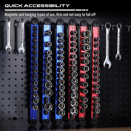 6-Piece Magnetic Socket Organizer Rail Set with Spring-Loaded Ball Bearings and Heavy Duty Aluminum Construction for 1/4", 3/8", and 1/2" Drive