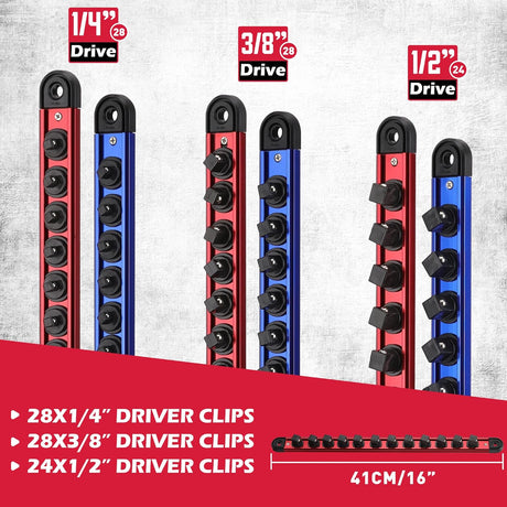 6-Piece Magnetic Socket Organizer Rail Set with Spring-Loaded Ball Bearings and Heavy Duty Aluminum Construction for 1/4", 3/8", and 1/2" Drive