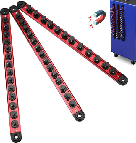 SEDY 3-piece magnetic socket organizer tray with aluminum rails, spring-loaded clips, and powerful base for 1/4", 3/8", and 1/2" drive sockets