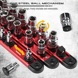 SEDY 3-piece magnetic socket organizer tray with aluminum rails, spring-loaded clips, and powerful base for 1/4", 3/8", and 1/2" drive sockets