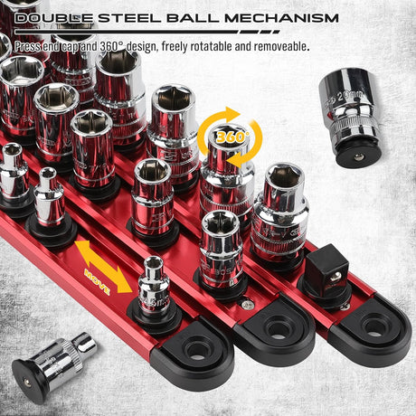 SEDY 3-piece magnetic socket organizer tray with aluminum rails, spring-loaded clips, and powerful base for 1/4", 3/8", and 1/2" drive sockets