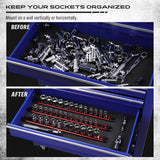 SEDY 3-piece magnetic socket organizer tray with aluminum rails, spring-loaded clips, and powerful base for 1/4", 3/8", and 1/2" drive sockets