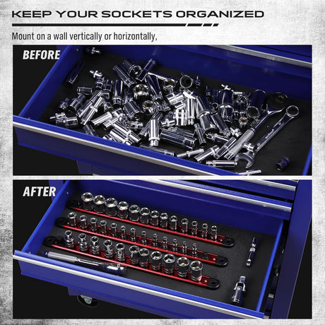 SEDY 3-piece magnetic socket organizer tray with aluminum rails, spring-loaded clips, and powerful base for 1/4", 3/8", and 1/2" drive sockets