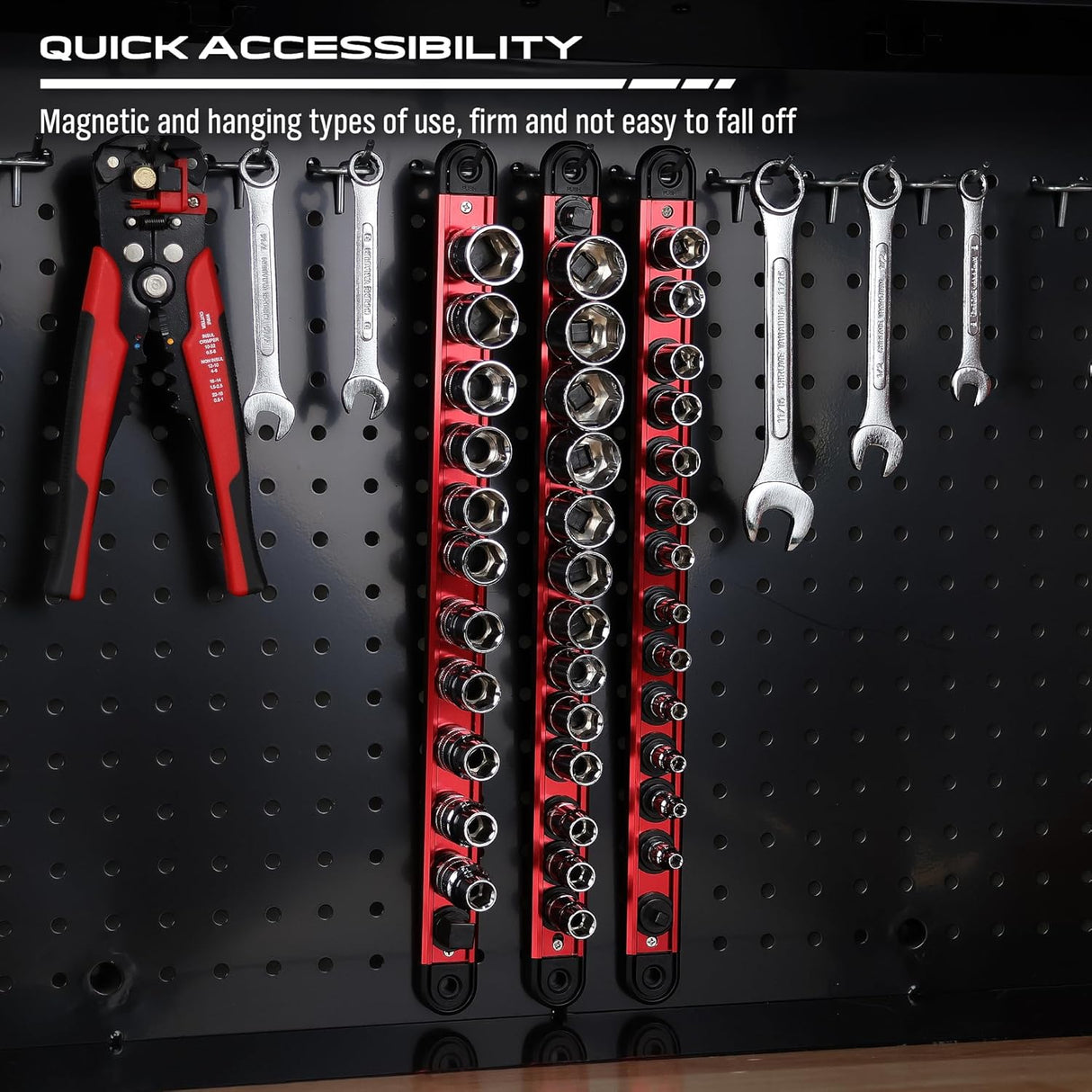 SEDY 3-piece magnetic socket organizer tray with aluminum rails, spring-loaded clips, and powerful base for 1/4", 3/8", and 1/2" drive sockets