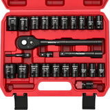 SEDY 25-piece 1/2-inch drive impact socket set with SAE and metric sizes, deep sockets, ratchet, adapters, and extension bar in red heavy-duty storage case
