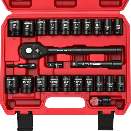 SEDY 25-piece 1/2-inch drive impact socket set with SAE and metric sizes, deep sockets, ratchet, adapters, and extension bar in red heavy-duty storage case
