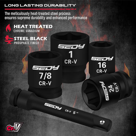 SEDY 25-piece 1/2-inch drive impact socket set with SAE and metric sizes, deep sockets, ratchet, adapters, and extension bar in red heavy-duty storage case